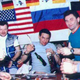 NBC: “Cosmonauts gather to have some cognac on the Mir space station in 1997, hours after a flash fire nearly killed them. Alexander Lazutkin is at far right. The picture was taken by NASA astronaut Jerry Linenger, who passed up the opportunity to imbibe.”